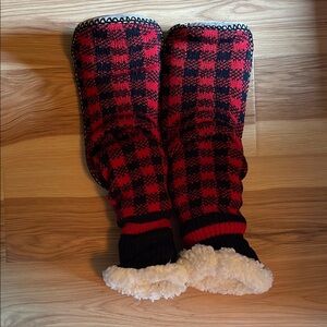 Red and Black Plaid Knit Slipper Boots